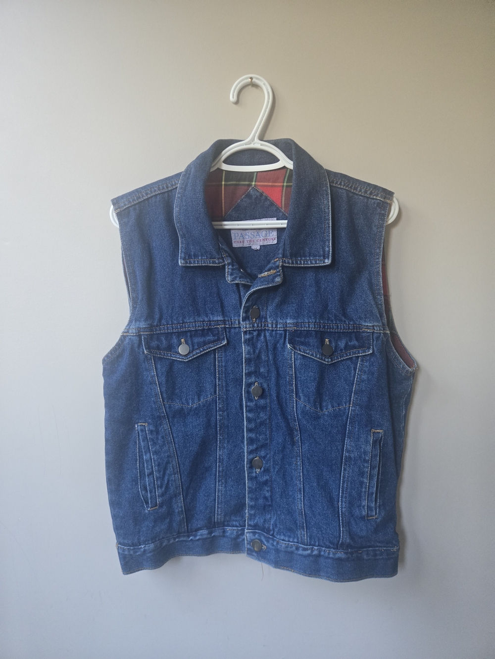 Vintage 90s Safe Passage Denim Vest Plaid Flannel Lined Size 14